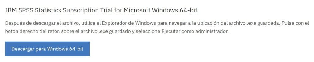Pantalla descarga SPSS trial Windows 64-bit.