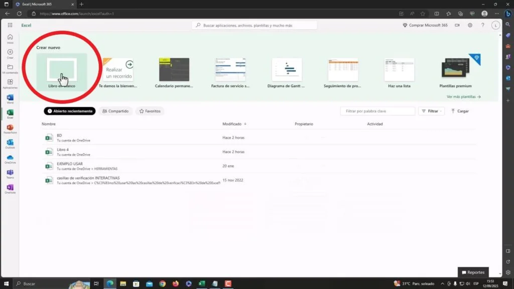 excel en la nube nuevo documento